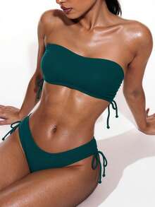 Swim Vcay Women's Solid Color Bandeau Side Drawstring Sexy Bikini Swimsuit Set, Summer Beach - Army Green - View 1