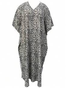 INAWLY 女士豹纹 V 领蝙蝠袖连衣裙 - 彩色 - 查看 1