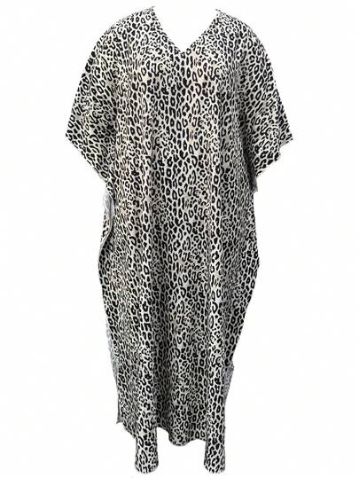 INAWLY 女士豹纹 V 领蝙蝠袖连衣裙