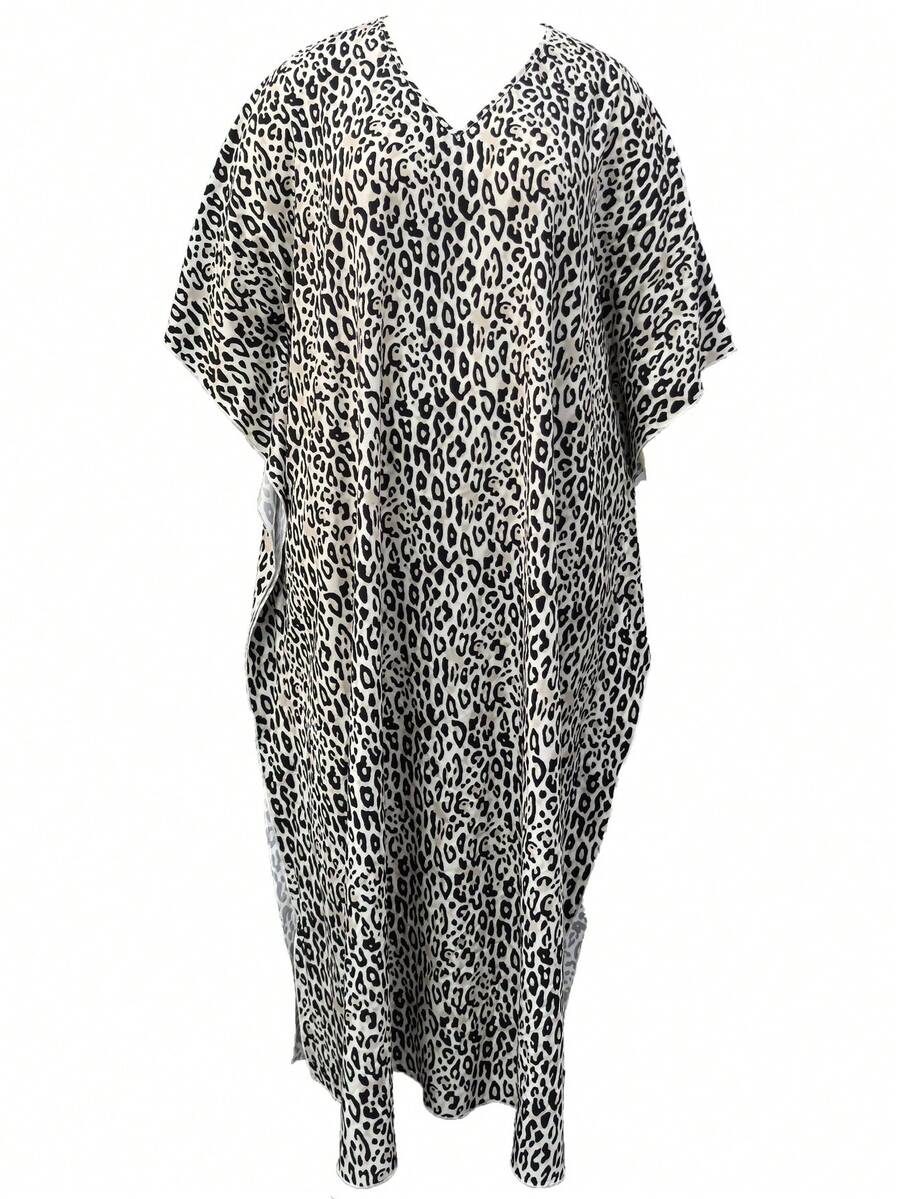 INAWLY 女士豹纹 V 领蝙蝠袖连衣裙 - 彩色 - 查看 1