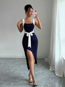 Rafferiza Asymmetric Fitted Bowknot Commuter Minimalist Style Dress For Women, Spring/Summer - Navy Blue - View 1