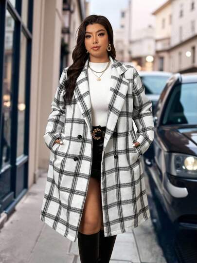 EMERY ROSE 大码休闲口袋翻领双排扣黑白格子夹克