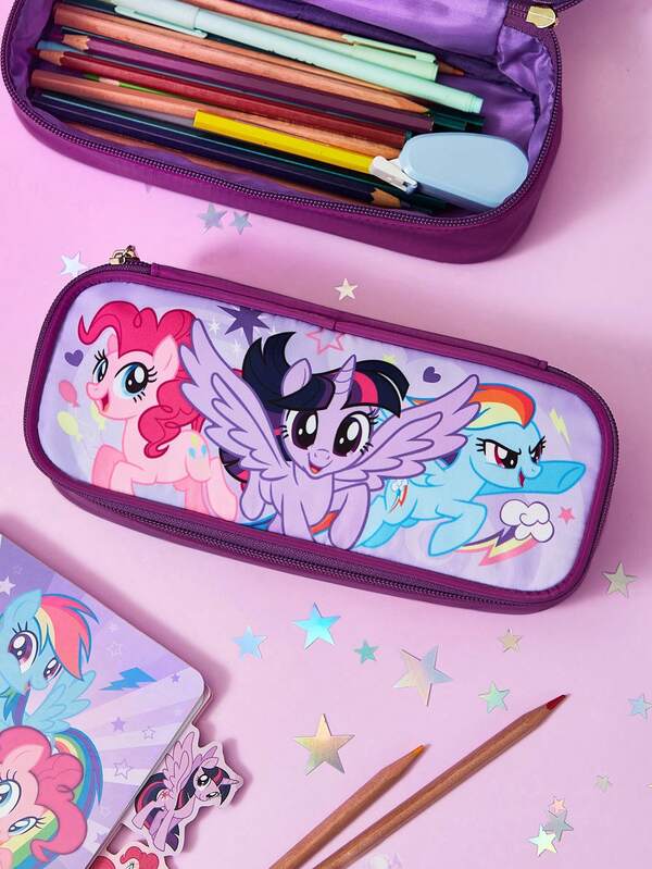My Little Pony X SHEIN 1 Estuche para lápices con tapa abatible, bolsa de almacenamiento de artículos de papelería, bolsa de almacenamiento de cosméticos, bolsa de almacenamiento digital, bolsa de almacenamiento de artículos pequeños, adecuada para estudio, trabajo, viaje, uso diario, ideal para estudiantes y mujeres, Rainbow Dash, Twilight Sparkle, Pinkie Pie