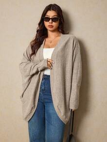 Elaquor Plus Size Casual Minimalist All-Match Versatile Loose Ribbed Knit Cardigan Sweater/Winter - Apricot - View 5