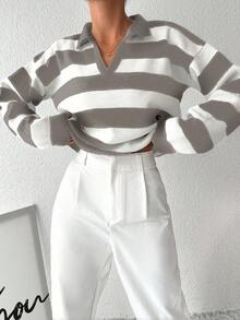 Sweater De Rayas De Manga Larga Con Cuello En V Para Mujeres