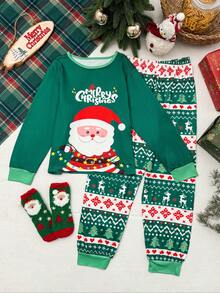 2pcs/Set Christmas Santa Claus Print Round Neck Long Sleeve T-Shirt + Pants Pajama Set, Girls Casual Loungewear Or Sleepwear For Autumn/Winter Christmas Pajamas For Girl And Boy Santa Pajamas Christmas Clothes Kids Kids Christmas Pajamas