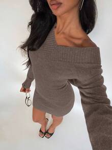 EgrlEra V-Neck Knitted Women's Bodycon Sweater Dress, Autumn/Winter - Mocha Brown - View 5