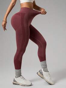 Gameset SHEIN Sport Leggings sin costuras de cintura alta para uso diario y fitness de mujeres - Burdeos - Ver 3