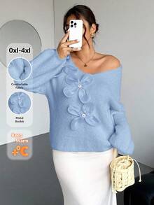 Firerie V领宽松舒适柔软粉色花卉装饰长袖针织衫，适合情人节、音乐会、演出、约会、正式晚宴、盛会、婚礼、性感、优雅、通勤、返校、度假、海滩、浪漫优雅、办公室时尚、美人鱼风格、秋冬季生日派对等场合。 - 藍色 - 查看 4