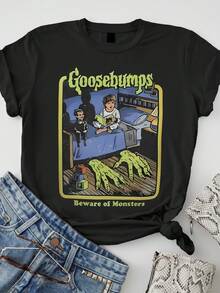 Maweii Áo thun cổ tròn in hình chữ Slogan kinh dị đen Beware Of Monsters thời trang cỡ lớn - màu đen - Xem 3