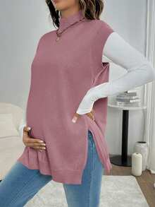 SHEIN Maternity Solid Color Half-Turtleneck Side Slit Hem Casual Knit Vest, Autumn/Winter - Dusty Pink - View 3