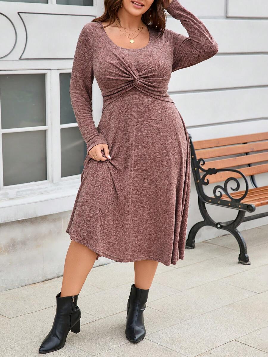 SHEIN Plus Size Twist Waist Long Sleeve Scoop Neck Dress - Coffee Brown - View 1