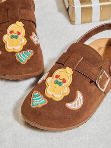 Mini mi Kids' Gingerbread Man & Christmas Tree Decor Suede Brown Clogs With Adjustable Hook-And-Loop Back Strap – Sweet, Cozy & Holiday-Perfect. - Brown - View 5