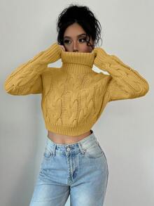 Selianne Women's Solid Color High Neck Raglan Sleeve Cropped Casual Sweater - Yellow - View 4