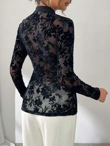Firerie Women's Floral Mesh Button Design Long Sleeve Vintage Blouse - Black - View 6