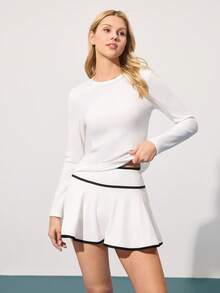 CourtClass CourtClass Women's Round Neck Long Sleeve 2-Piece Sportswear Set,Black And White Contrast A-Line Skort Tennis Dress,Tummy Control Running Golf Athleisure Autumn - White - View 3