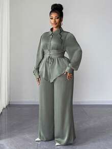 Maweii Bộ đồ vest hai mảnh thắt nơ eo cỡ lớn kèm quần ống rộng, trang nhã cho quý cô - màu xanh lá - Xem 3