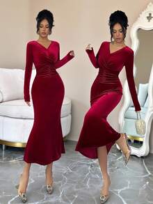 Chiquease Vestido elegante de manga larga con cuello en V, cintura fruncida y bajo de cola de pez ajustado para mujer - Burdeos - Ver 4