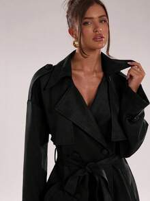 SHEIN BAE 休闲街头风打结长袖女式风衣 - 黑色 - 查看 7