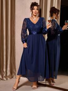 Cravure 女士优雅蕾丝V领长袖雪纺连衣裙 - 藍色 - 查看 5