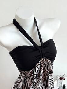 Elamini Robe sexy femme à col ras-du-cou, froncée, avec imprimé zébré blocs de couleurs