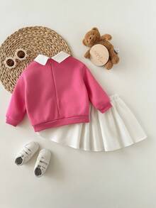 SHEIN 女婴可爱字母图案翻领卫衣和迷你裙套装（2件套），秋冬季 - 玫紅色 - 查看 2