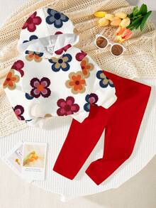 1 Set Baby Girls Casual Cute Floral Print Hoodie Sweatshirt And Red Knit Leggings Outfit, Fall/Winter Clothing, Cozy Hoodie Set