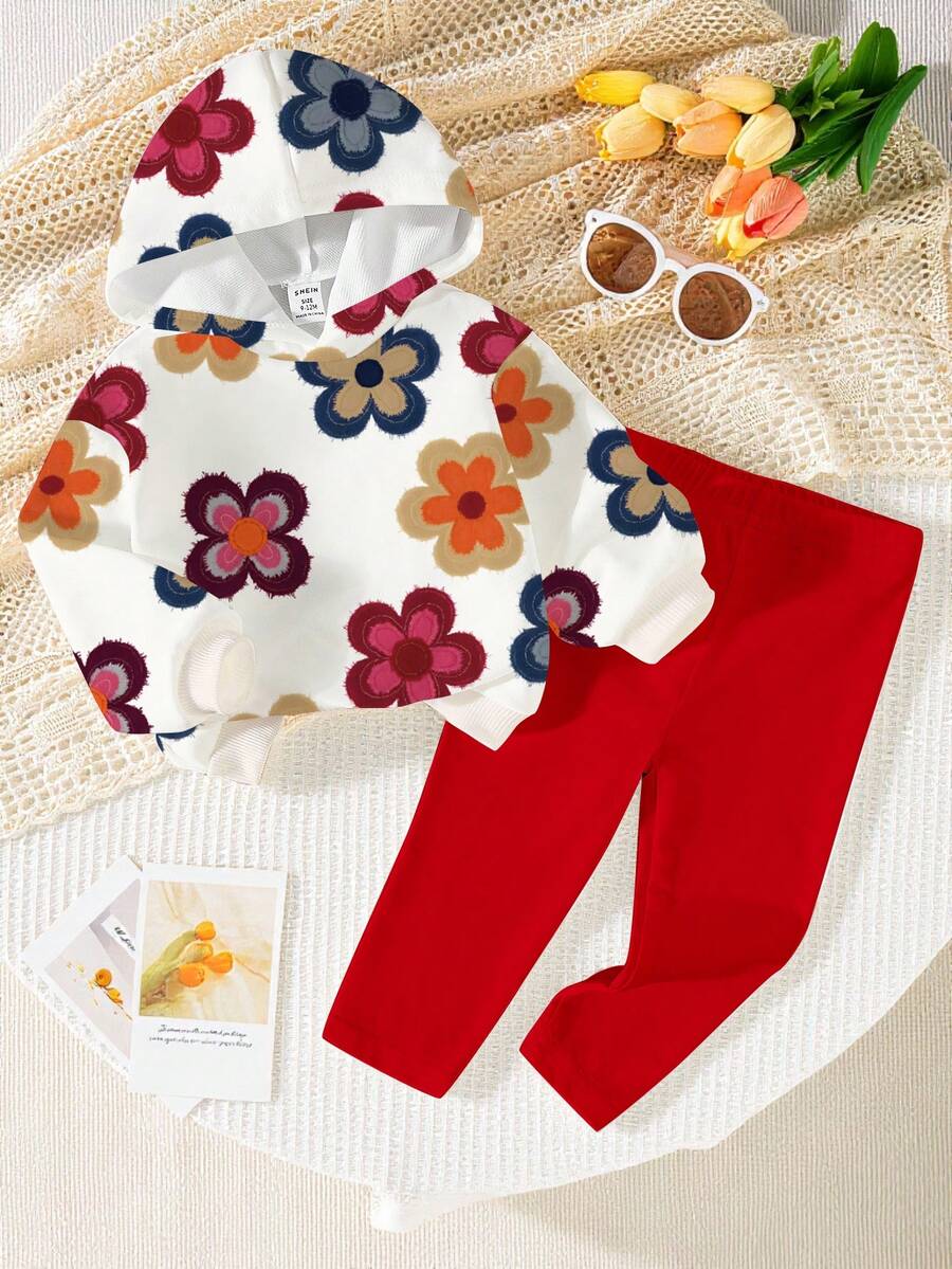 1 Set Baby Girls Casual Cute Floral Print Hoodie Sweatshirt And Red Knit Leggings Outfit, Fall/Winter Clothing, Cozy Hoodie Set