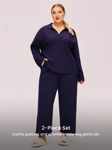LUVLETTE Autumn And Winter Plus Size Women Soft Cotton Waffle Basic Long-Sleeve & Long Pants Loungewear 2 Piece Pajama Set With Pockets Lingerie Pants With Pockets Fall Pajamas - Navy Blue - View 9