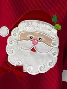 SHEIN LUNE Sweatshirt Kasual Lengan Panjang Leher Bulat Bahu Longgar Bordir Santa Claus Ukuran Besar untuk Wanita - Merah - View 3