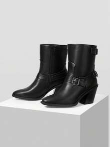 MOTF Botas de tobillo con tacón grueso, hebilla cuadrada, rayas, parches y suela de ante sintético negro, cómodas y de moda para el transporte diario - Negro - Ver 4