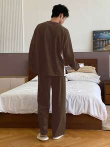 Men's Autumn Patchwork Color Block Graphic Tee And Elastic Waist Pants Loungewear Set, Multi-Color - Brown - View 2