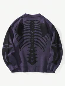 GALLERY FADE Cárdigan casual de punto de una hilera con estampado de esqueleto de manga larga para hombre, otoño/invierno - Gris Oscuro - Ver 2
