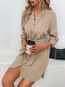SHEIN LUNE Women's Solid Color V-Neck Long Sleeve Single-Breasted Casual Pocket Dress
