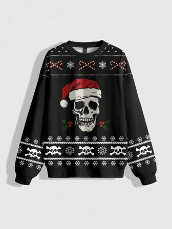 Gothic Dark Mysterious Christmas Holiday New Year Snowflake Skull All-Over Print Cute Crew Neck Long Sleeve Women Sweatshirt, Autumn/Winter/Spring
