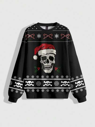Gothic Dark Mysterious Christmas Holiday New Year Snowflake Skull All-Over Print Cute Crew Neck Long Sleeve Women Sweatshirt, Autumn/Winter/Spring