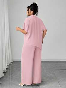 Elenzga Bộ 2 món áo cổ lọ tay ngắn viền bất đối xứng thời trang thường ngày cỡ lớn cho nữ + quần ống rộng trơn - Bụi hồng - Xem 2