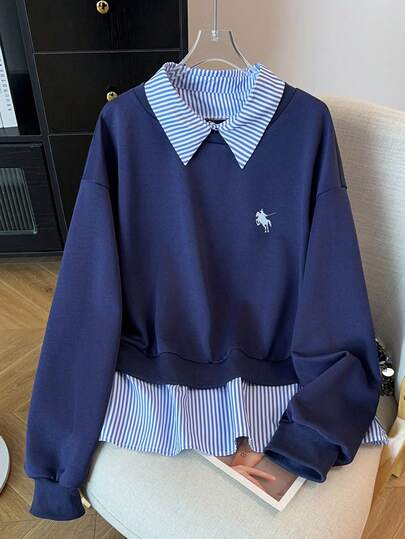 GlowEve CURVE Chemise à manches longues pour femmes grandes tailles, 2 en 1 avec imprimé rayé et chevalier, épaules tombantes