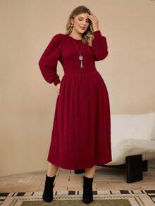Rosumi Plus Solid Lantern Red With Sleeves Sleeve Ribbed Knit Winter Dress - Burgundy - View 4