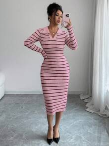 Elenzga Robe pull à manches longues, col en V, design élégant et classique, coupe slim, rayures, polyvalente pour les déplacements quotidiens. Nouvelle collection automne/hiver pour femmes