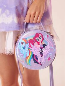 My Little Pony X SHEIN 1个PU皮革印花拼接手提包，配有长肩带，可斜挎，适合通勤、外出、旅行，可收纳钱包、小水瓶、个人物品，适合女性、青少年、暮光闪闪、云宝黛西、萍琪派 - 淡紫色 - 查看 3