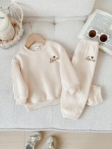 SHEIN Babygirl Cute Apricot Bow Decor Long Sleeve Sweatshirt & Elastic Waist Pants Set, Autumn/Winter Baby Set Autumn Winter Season Neutral Baby Clothes Cream Baby Girl Outfit Baby Girl Sweat Set Baby Casual Sets - Apricot - View 6