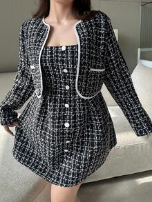 Vibekara 大码女式粗花呢格子长袖外套和无袖连衣裙套装，通勤休闲舒适优雅装扮