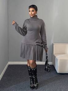 大码女式长袖纯色褶裥下摆搭扣细节修身优雅毛衣连衣裙，适合通勤、秋冬季穿着，面料柔软舒适。 - 灰色 - 查看 6