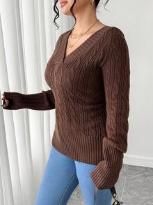 SHEIN ChicEase Plus Size Women Cable Cable Pattern V-Neck Long Sleeve Casual Sweater, Autumn/Winter - Coffee Brown - View 6