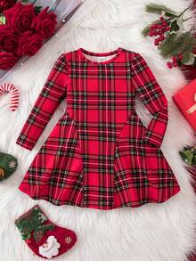 女宝宝可爱学院风休闲红色格子针织连衣裙 - 紅色 - 查看 5
