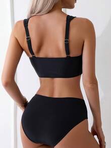 SHEIN Swim Women's Solid Color Sexy Bikini Swimsuit Set, Summer Beach - Black - View 2