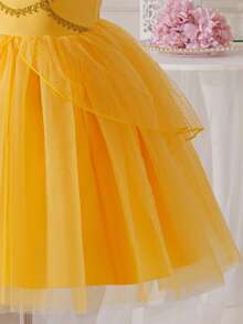 SHEIN Glamorique Kids 女童公主裙，黄色网纱公主裙，吊带网纱金色丝带，适合所有季节，生日派对，婚礼，节日礼服 - 黃色 - 查看 5