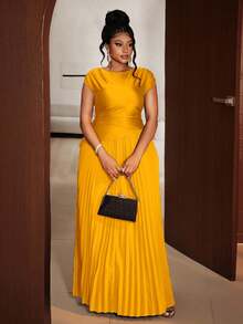 Maweii 大码女式优雅纯色褶皱圆领无袖连衣裙 - 黃色 - 查看 5