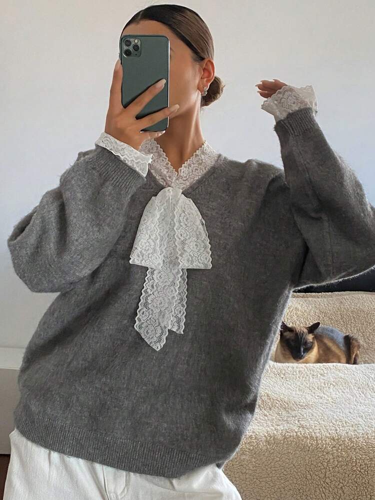 Women's Casual Lace Patchwork Drawstring T-Shirt, Autumn/Winter
